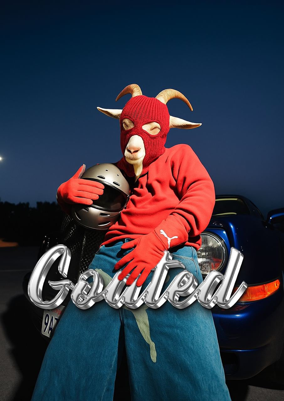 Goat in a red balaclava holding a helmet against a blue sports car at night