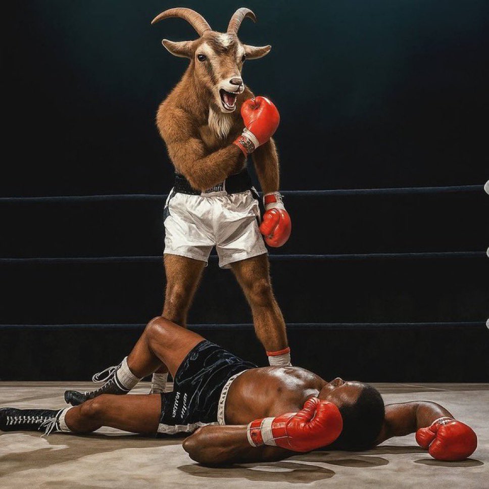 Goat boxer standing over a knocked-out opponent